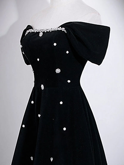 Beaded Off The Shoulder Black Velvet Formal Prom Dress  P2715