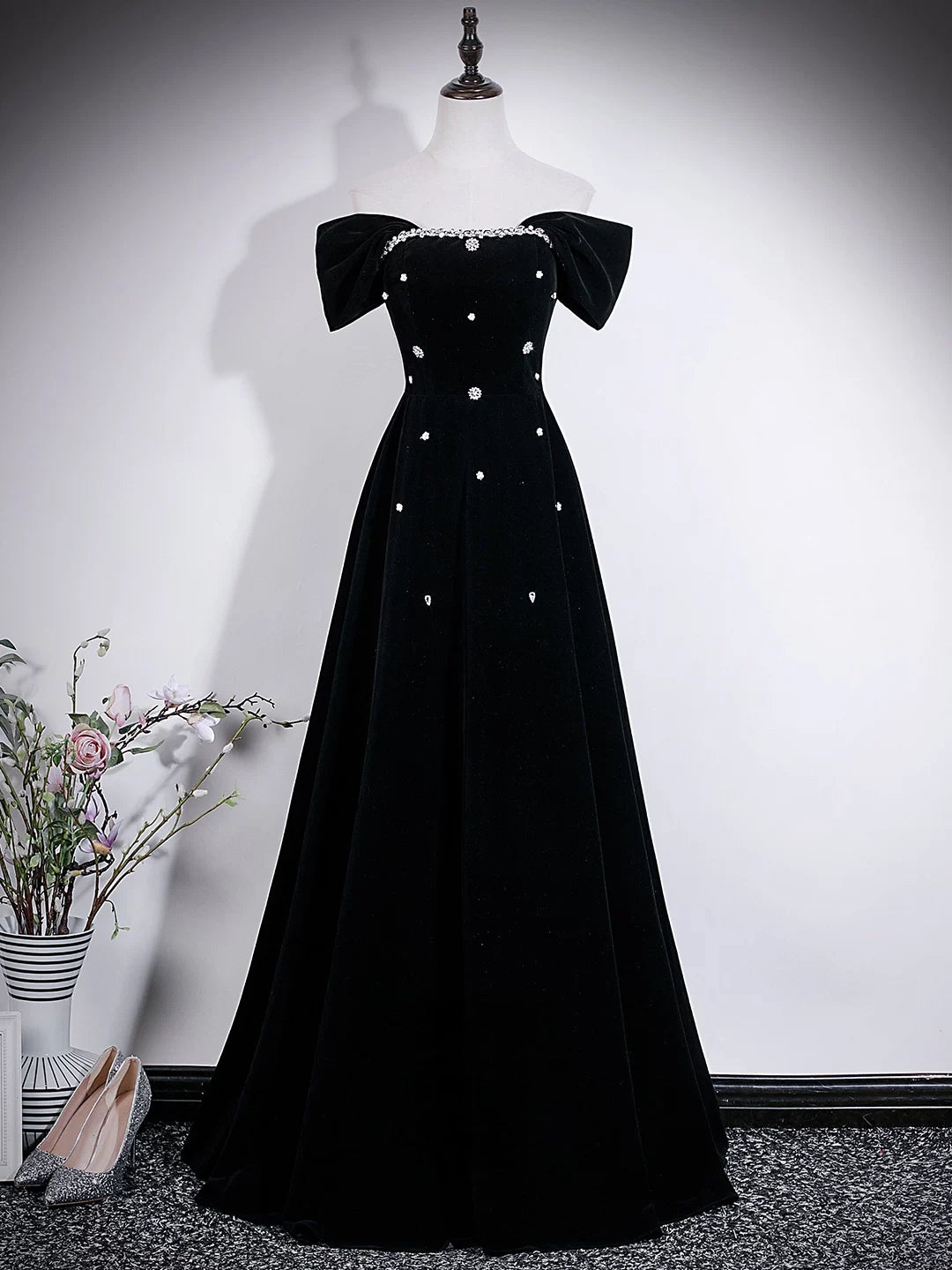Beaded Off The Shoulder Black Velvet Formal Prom Dress  P2715