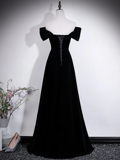Beaded Off The Shoulder Black Velvet Formal Prom Dress  P2715