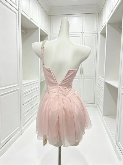 Beaded One Shoulder Pink Chiffon Homecoming Dress  P2398
