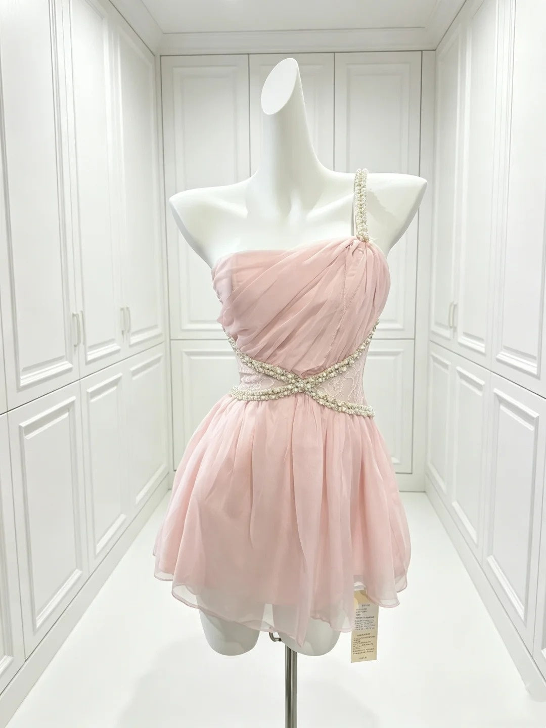 Beaded One Shoulder Pink Chiffon Homecoming Dress  P2398