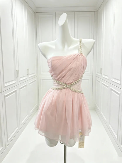 Beaded One Shoulder Pink Chiffon Homecoming Dress  P2398