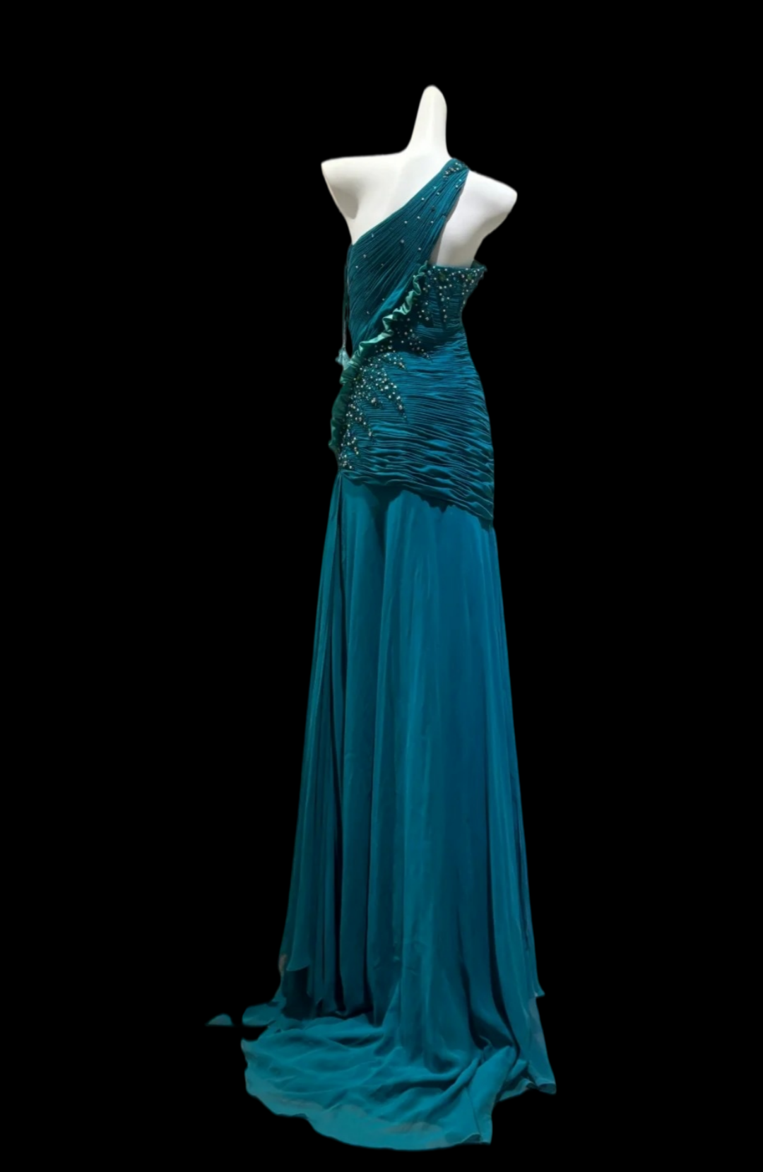 Beaded One Shoulder Teal Chiffon Formal Prom Dress  P2410