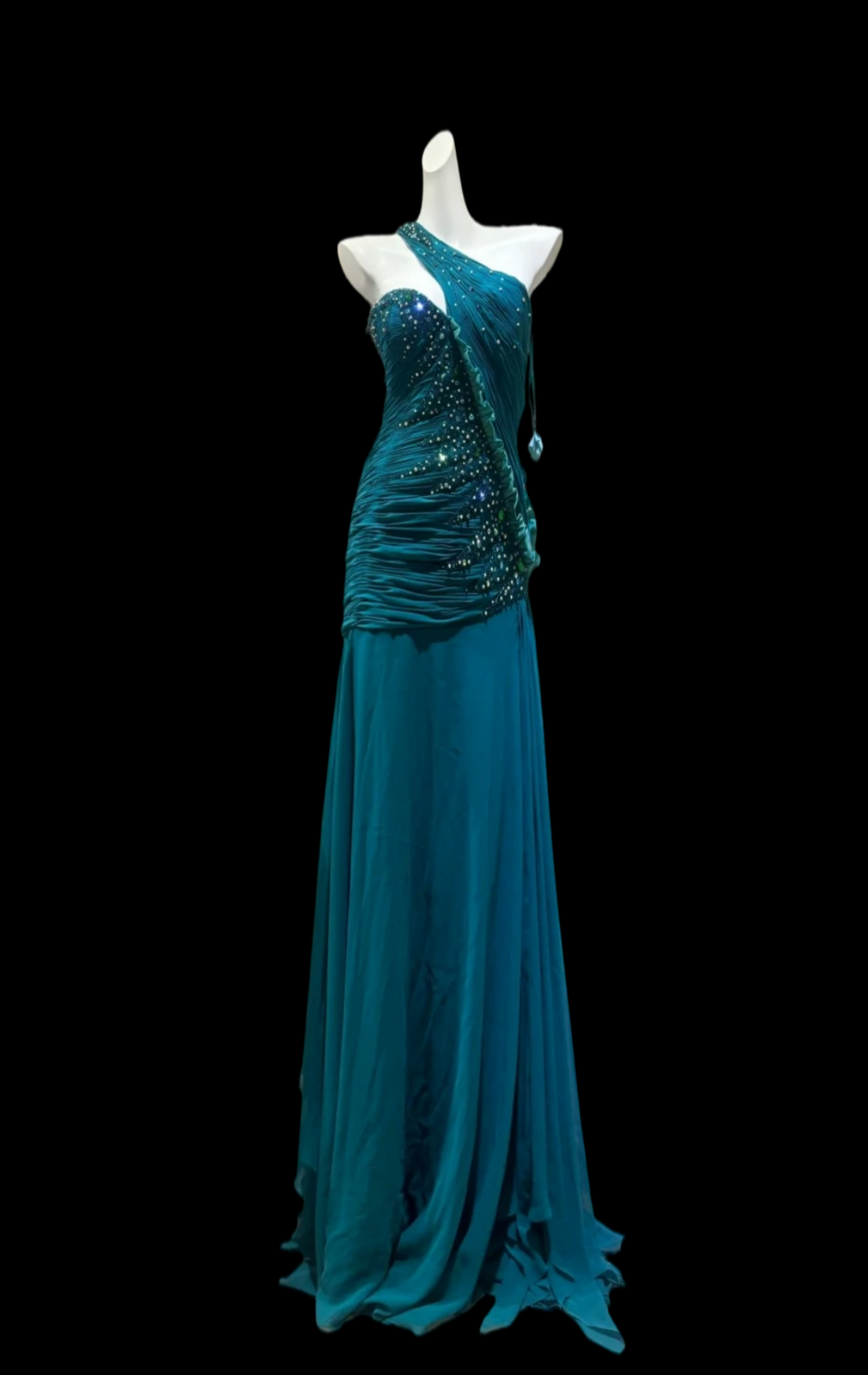 Beaded One Shoulder Teal Chiffon Formal Prom Dress  P2410