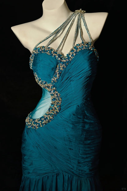 Beaded One Shoulder Teal Mermaid Prom Dress Beaded Evening Gown  P2661