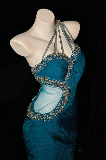Beaded One Shoulder Teal Mermaid Prom Dress Beaded Evening Gown  P2661