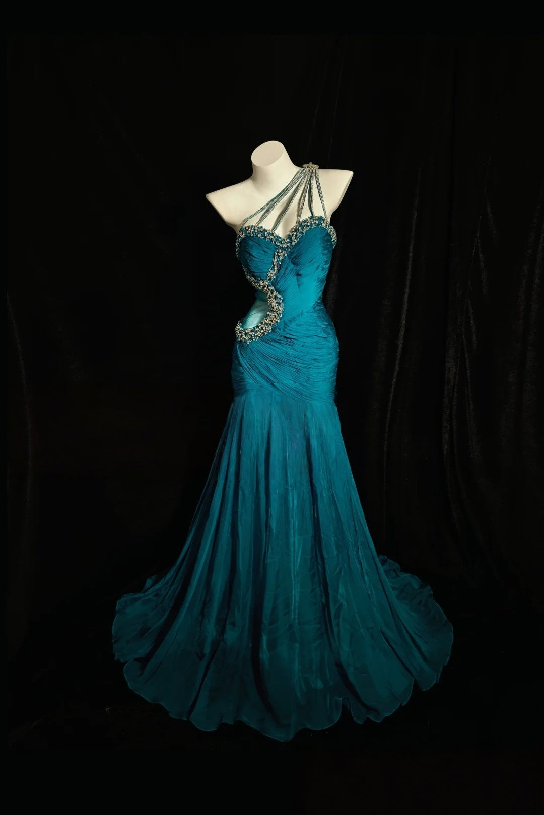 Beaded One Shoulder Teal Mermaid Prom Dress Beaded Evening Gown  P2661