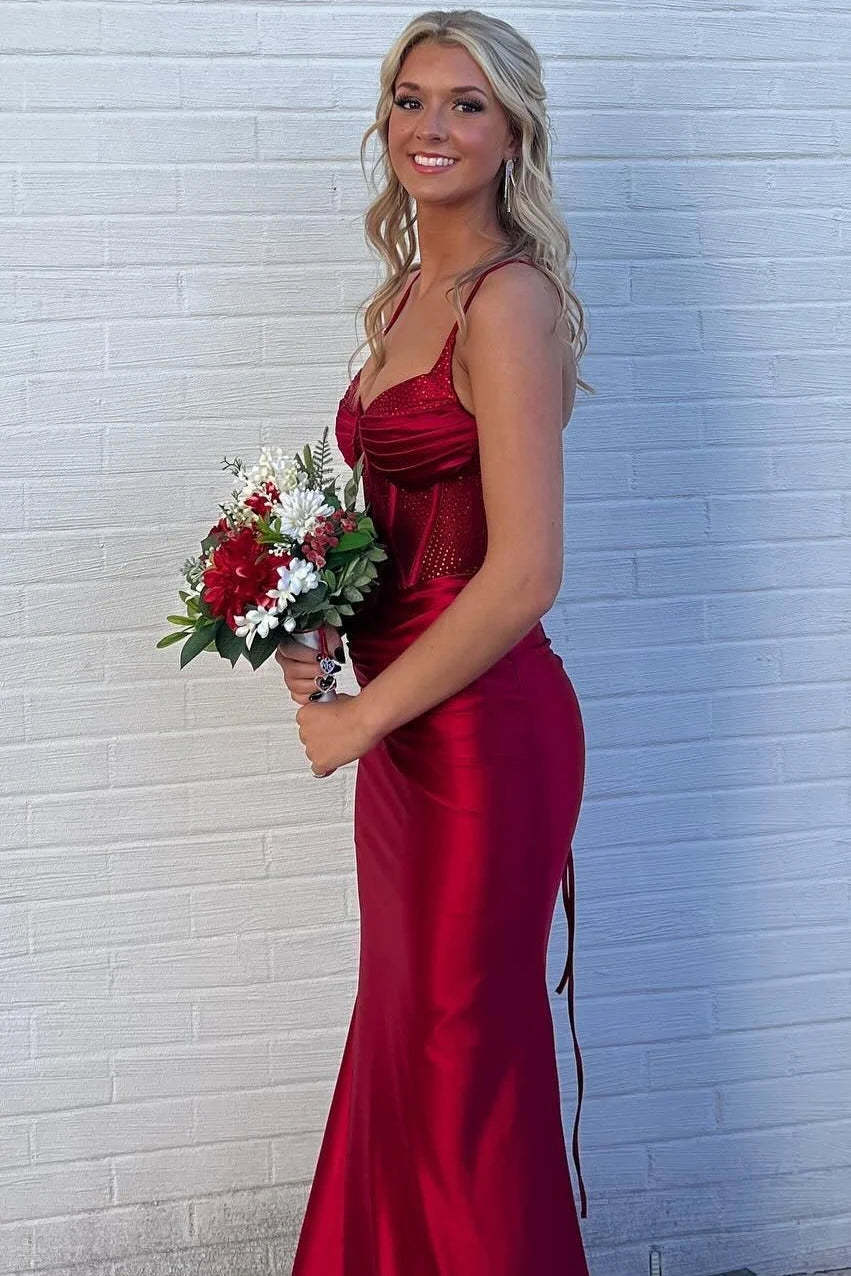 Beaded Red Spaghetti Straps V-Neck Long Prom Dress  P2572