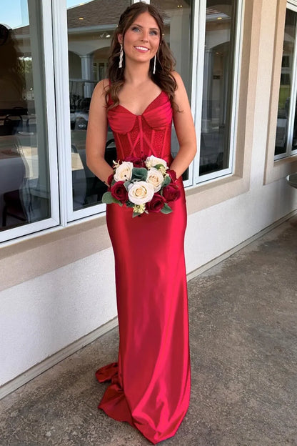 Beaded Red Spaghetti Straps V-Neck Long Prom Dress  P2572