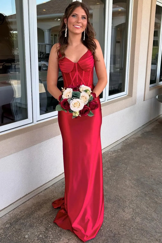 Beaded Red Spaghetti Straps V-Neck Long Prom Dress  P2572