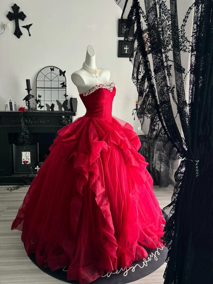 Beaded Sweetheart A Line Red Tulle Formal Prom Dress  P2394