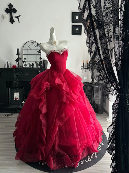 Beaded Sweetheart A Line Red Tulle Formal Prom Dress  P2394