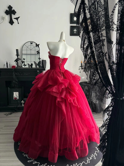 Beaded Sweetheart A Line Red Tulle Formal Prom Dress  P2394