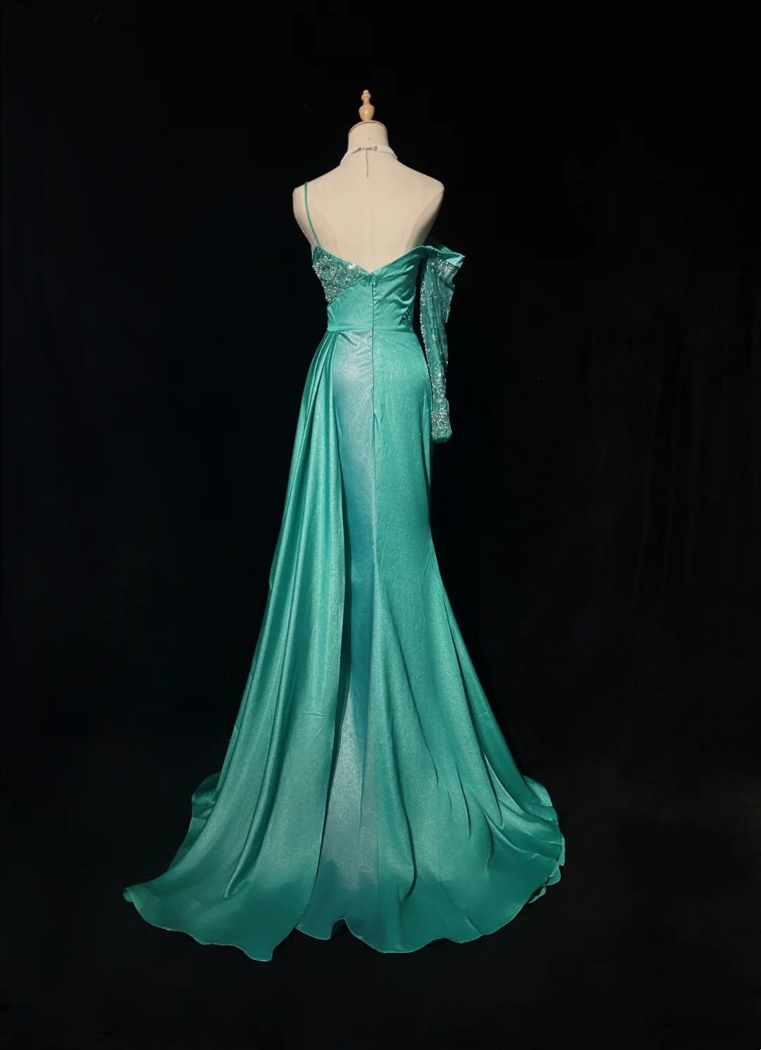 Beaded Sweetheart Mermaid Evening Dress Teal Satin Prom Gown With High Slit  P2671