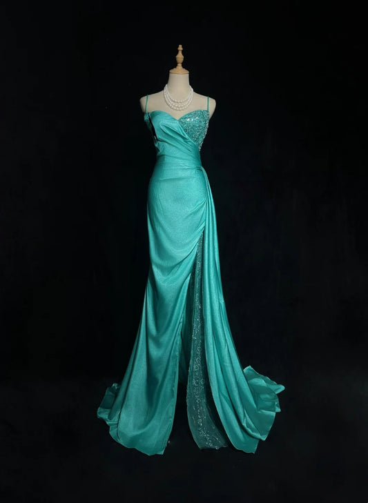 Beaded Sweetheart Mermaid Evening Dress Teal Satin Prom Gown With High Slit  P2671
