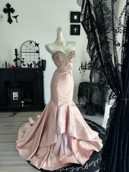 Beaded Sweetheart Neck Pink Mermaid Formal Prom Dress  P2658
