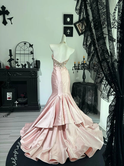 Beaded Sweetheart Neck Pink Mermaid Formal Prom Dress  P2658