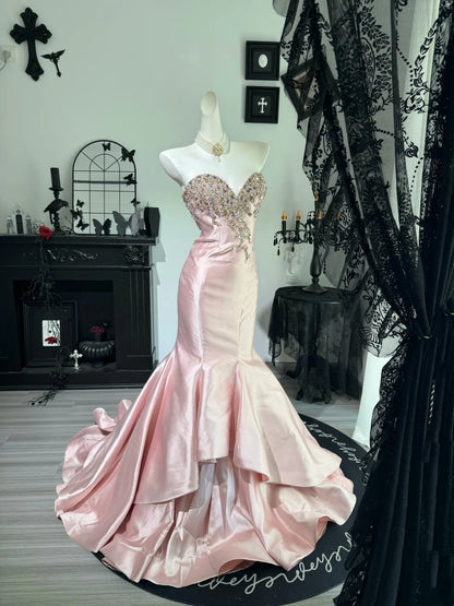 Beaded Sweetheart Neck Pink Mermaid Formal Prom Dress  P2658