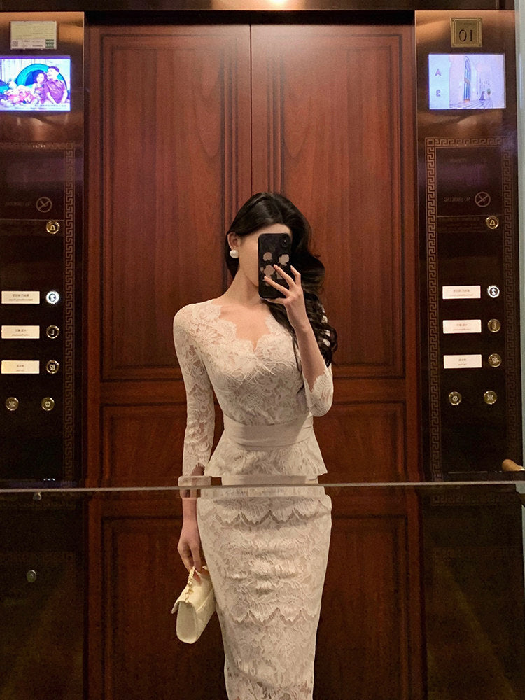 Beige Lace Birthday Dress Tea Length Sexy Engaged Dress  L45