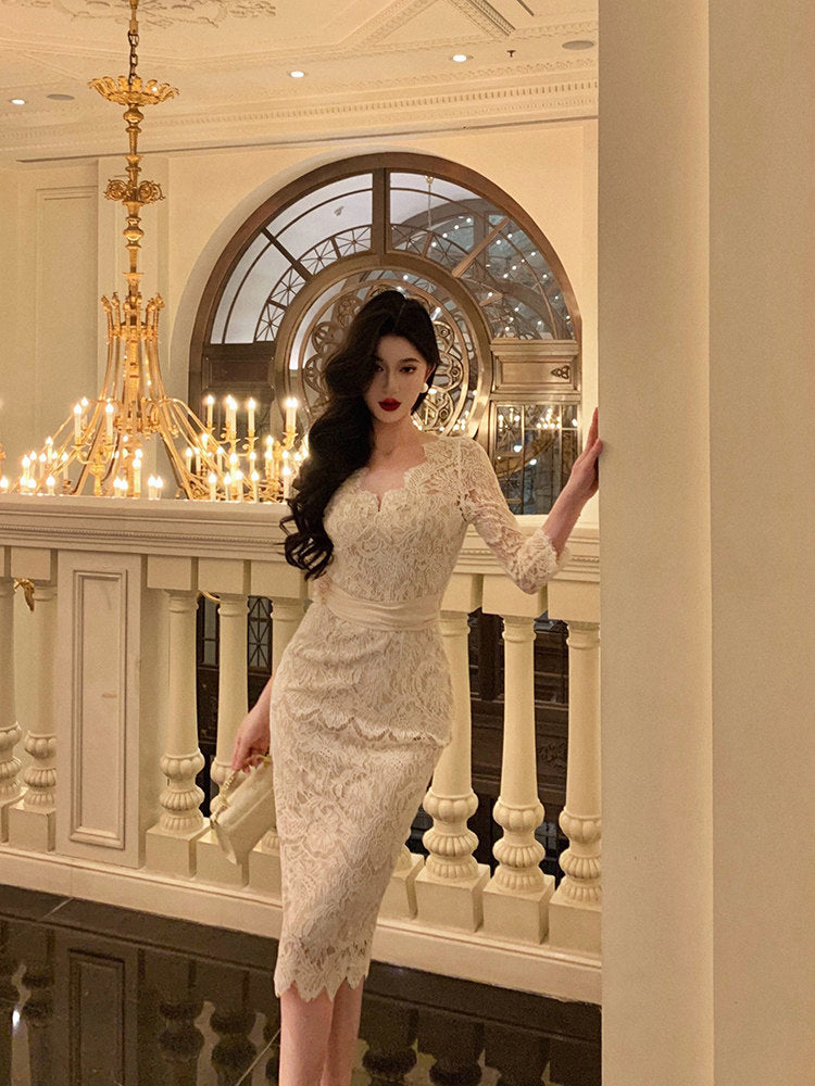 Beige Lace Birthday Dress Tea Length Sexy Engaged Dress  L45