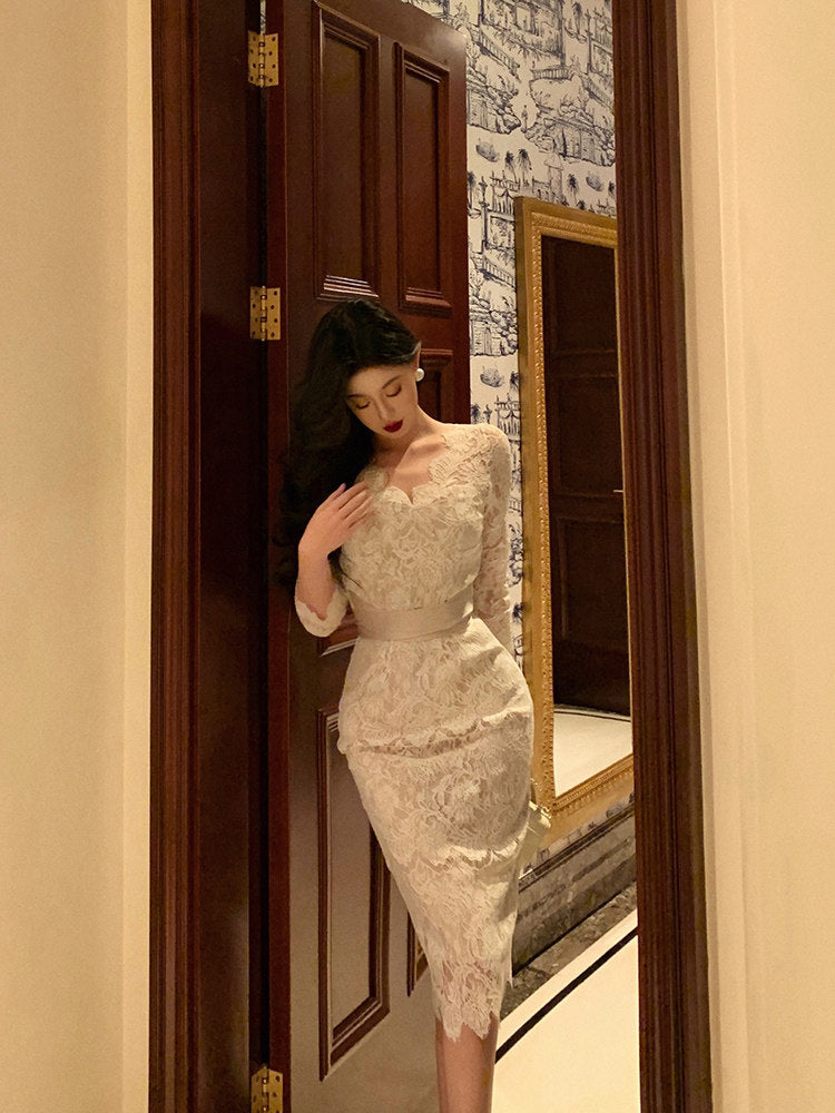 Beige Lace Birthday Dress Tea Length Sexy Engaged Dress  L45