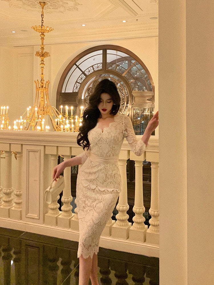 Beige Lace Birthday Dress Tea Length Sexy Engaged Dress  L45