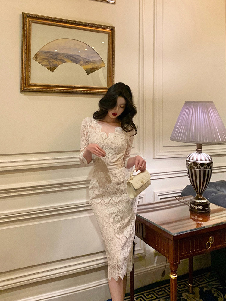 Beige Lace Birthday Dress Tea Length Sexy Engaged Dress  L45