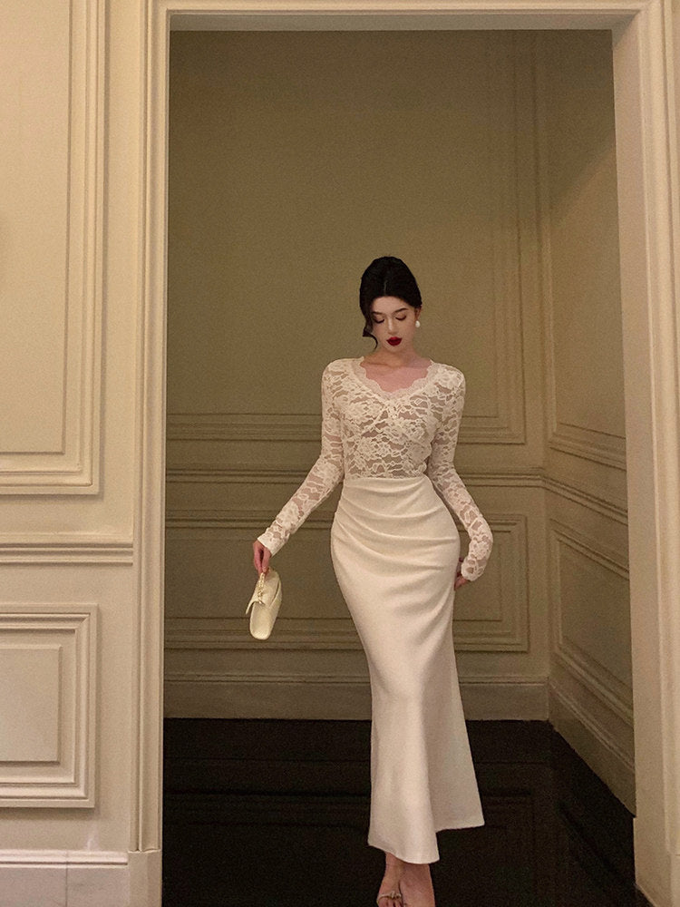 Beige Satin Lace Evening Dress Ankle Length Date Dress With Long Sleeves L46
