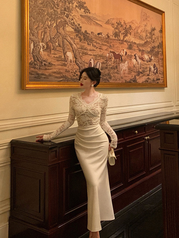 Beige Satin Lace Evening Dress Ankle Length Date Dress With Long Sleeves L46