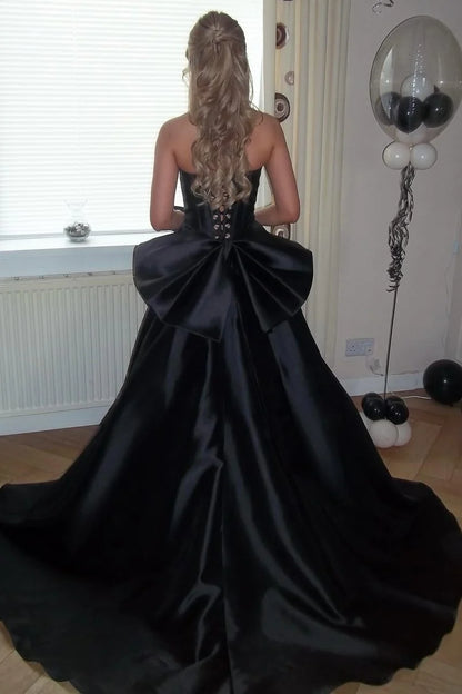 Black A-Line Strapless Satin Prom Dress With Bow  P2445