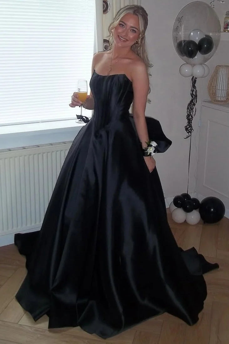 Black A-Line Strapless Satin Prom Dress With Bow  P2445