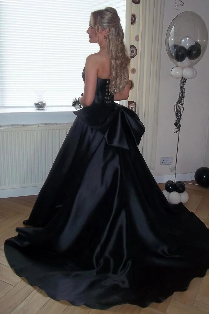 Black A-Line Strapless Satin Prom Dress With Bow  P2445