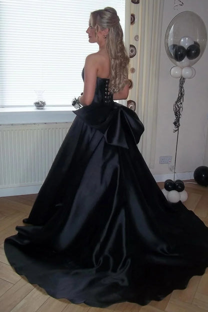 Black A-Line Strapless Satin Prom Dress With Bow  P2445