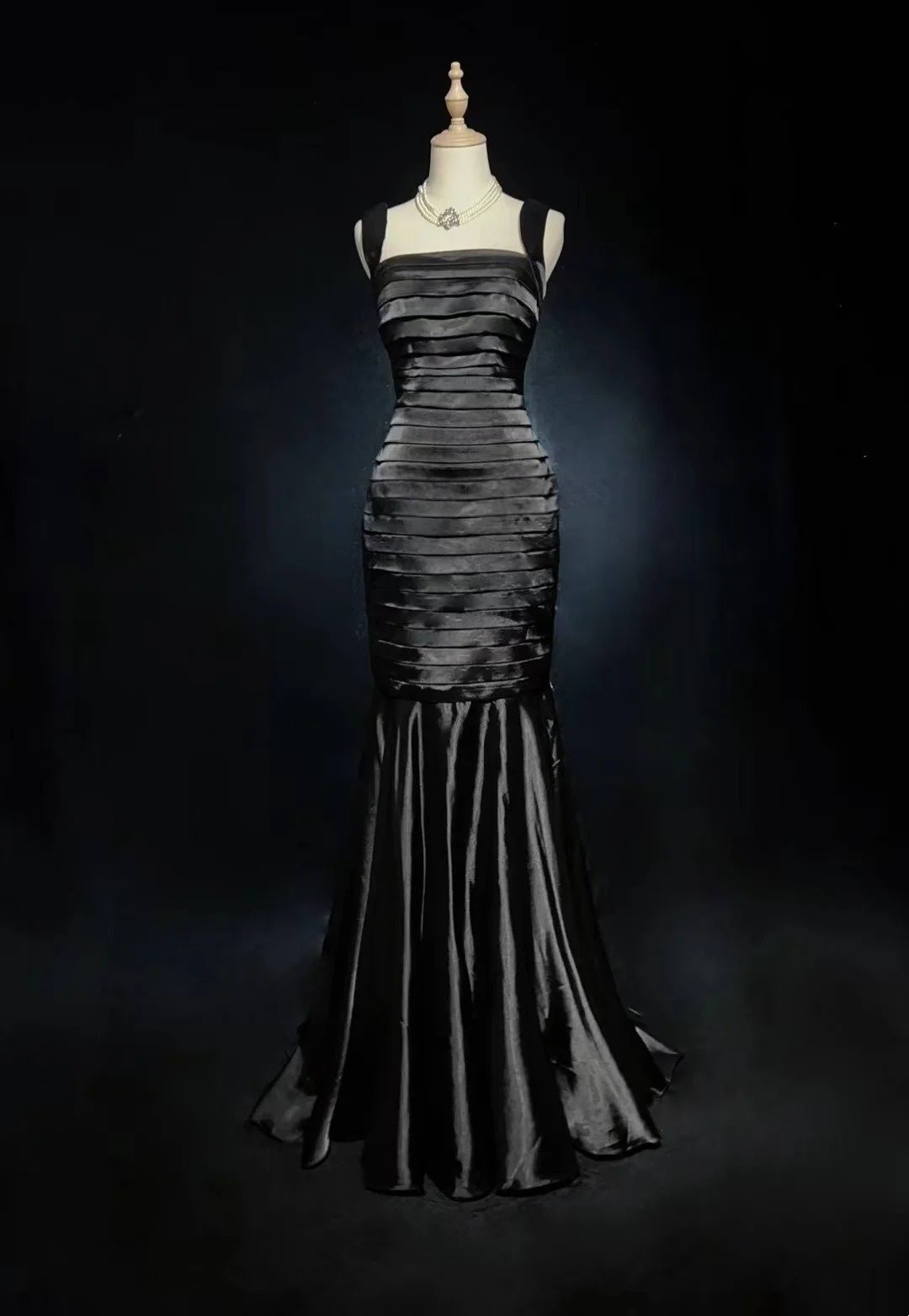 Black Mermaid Satin Prom Dress Pleated Formal Evening Gowns  P1203