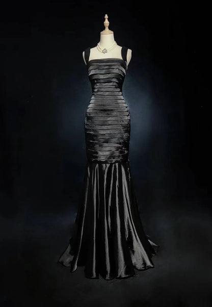 Black Mermaid Satin Prom Dress Pleated Formal Evening Gowns  P1203