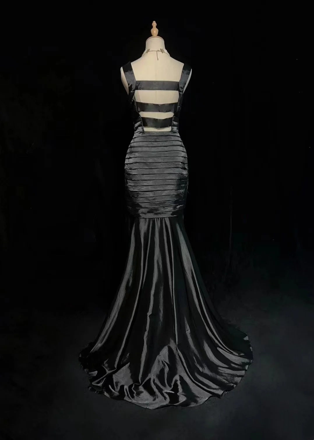 Black Mermaid Satin Prom Dress Pleated Formal Evening Gowns  P1203