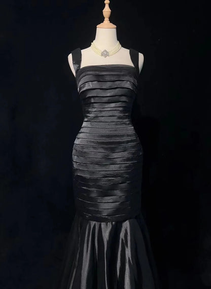 Black Mermaid Satin Prom Dress Pleated Formal Evening Gowns  P1203