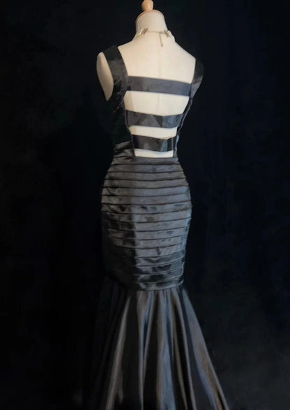 Black Mermaid Satin Prom Dress Pleated Formal Evening Gowns  P1203