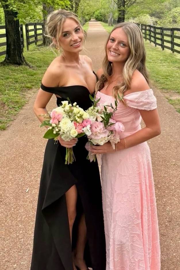 Black Off-Shoulder ruffles Long Prom Dress With High Slit  P2503