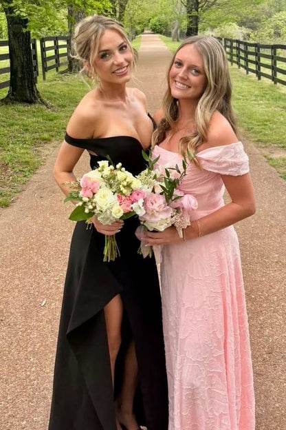 Black Off-Shoulder ruffles Long Prom Dress With High Slit  P2503