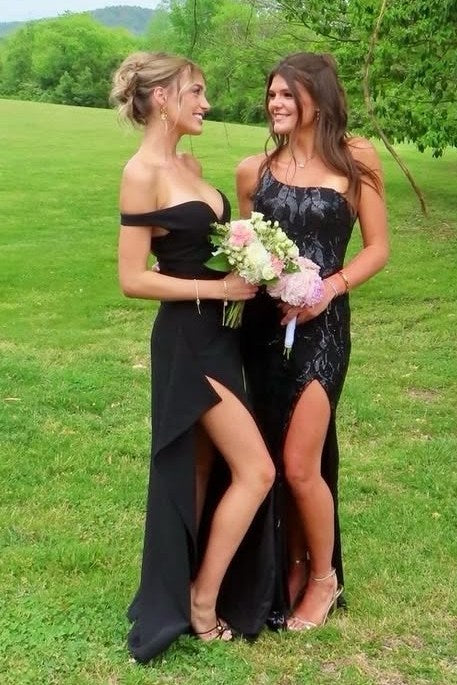 Black Off-Shoulder ruffles Long Prom Dress With High Slit  P2503