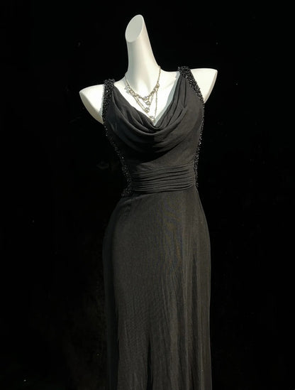 Black Retro Evening Dress Beaded Formal Prom Dress  P1682