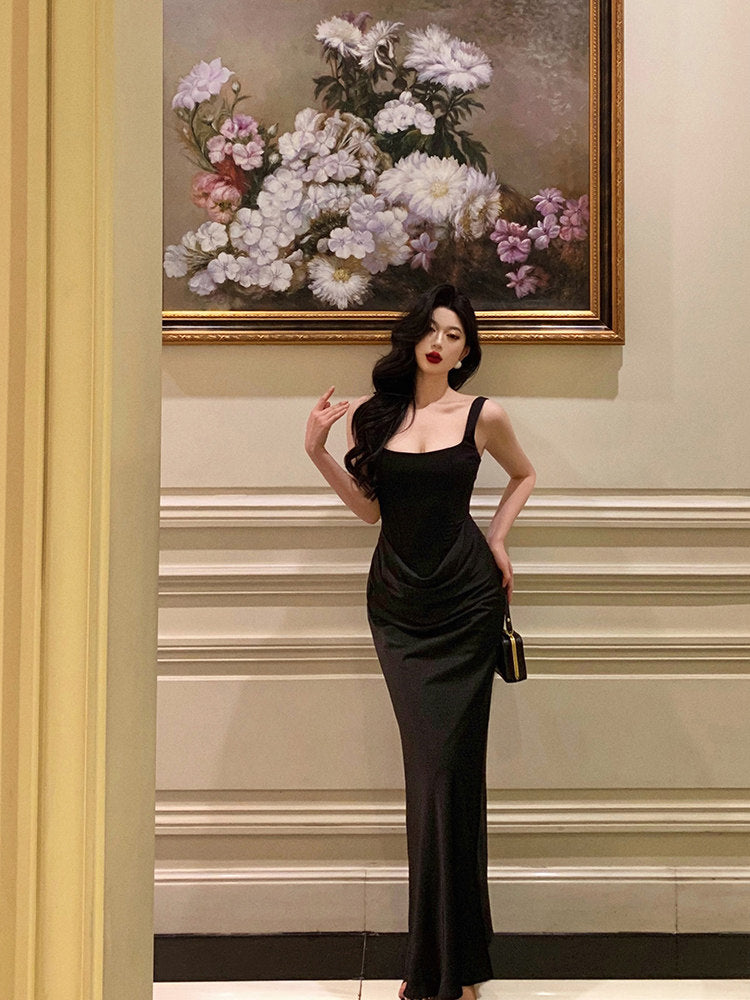 Black Satin Evening Dress Sheath Senior Prom Dress  P632