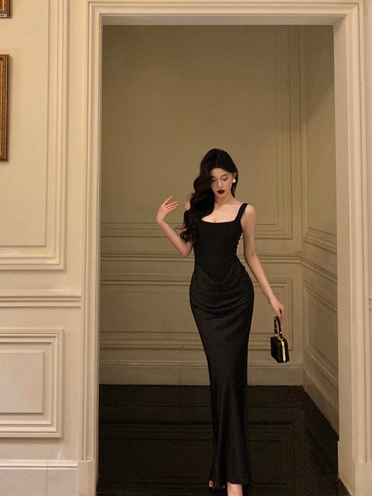 Black Satin Evening Dress Sheath Senior Prom Dress  P632