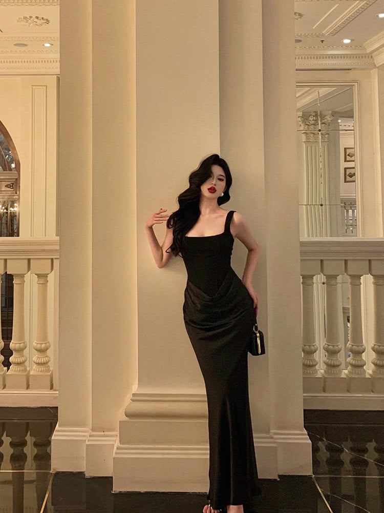 Black Satin Evening Dress Sheath Senior Prom Dress  P632