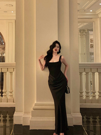 Black Satin Evening Dress Sheath Senior Prom Dress  P632
