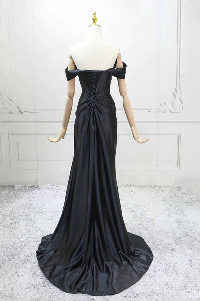 Black Satin Long Prom Dress Mermaid Off The Shoulder Evening Dress  P657