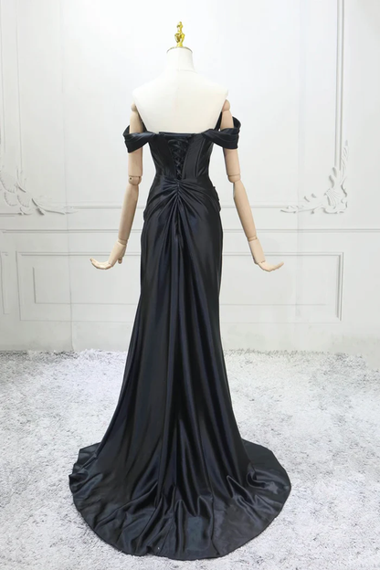 Black Satin Long Prom Dress Mermaid Off The Shoulder Evening Dress  P657