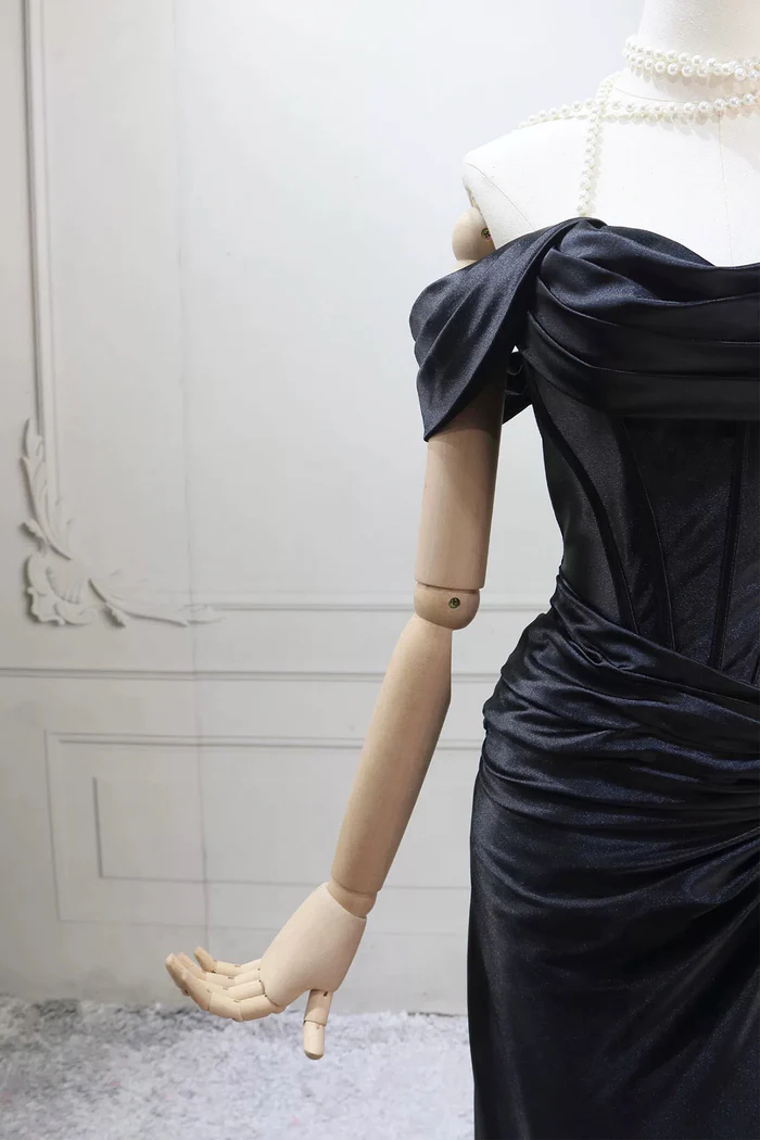 Black Satin Long Prom Dress Mermaid Off The Shoulder Evening Dress  P657