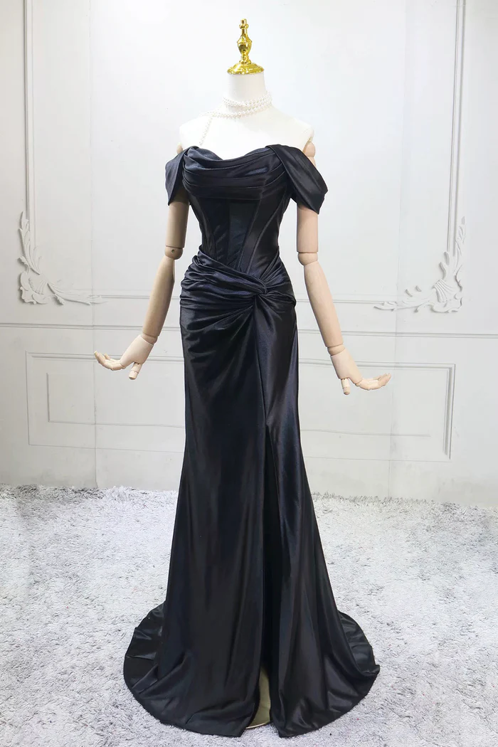Black Satin Long Prom Dress Mermaid Off The Shoulder Evening Dress  P657
